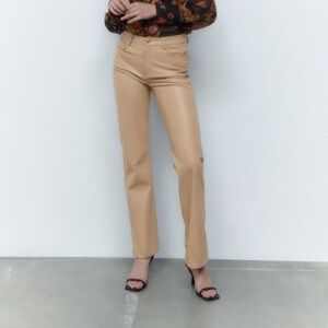 Zara Tan Brown Faux Leather Straight Leg High Rise Pants